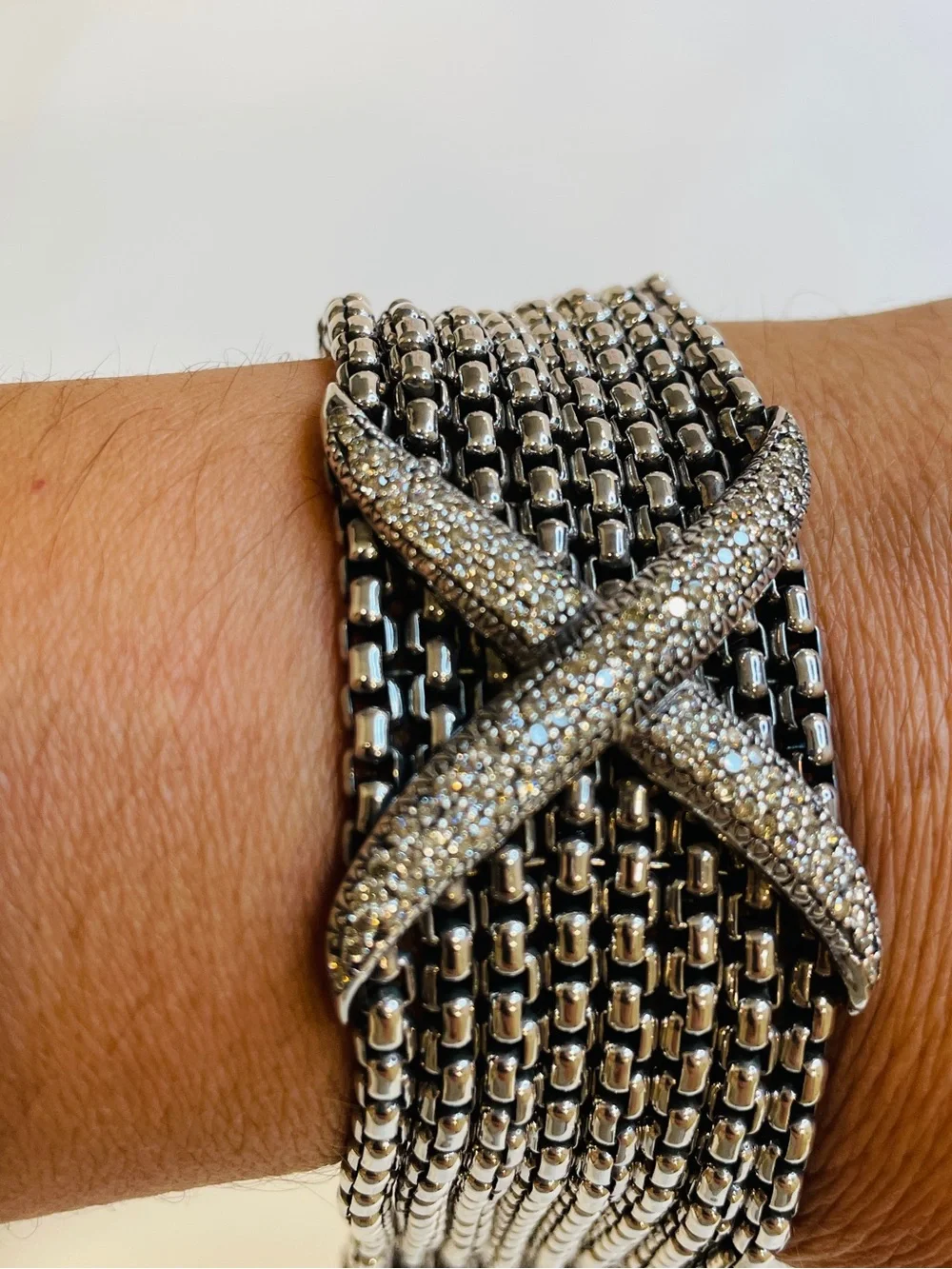 David Yurman Sterling Silver And Diamond Eight Row X Bracelet - Picture 6 of 12